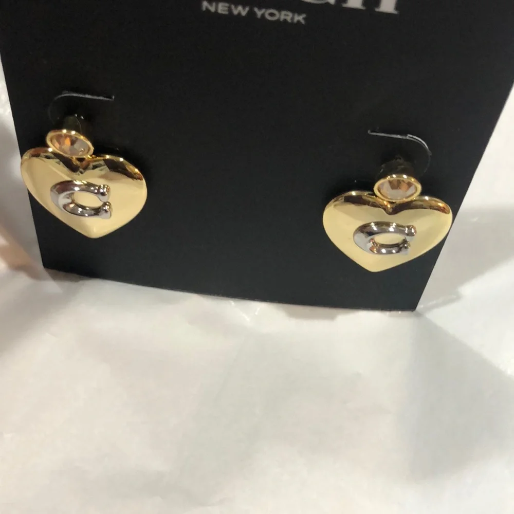 Coach gold plated puffy heart shape citrine gemstone look dangling stud earrings - Picture 6 of 14